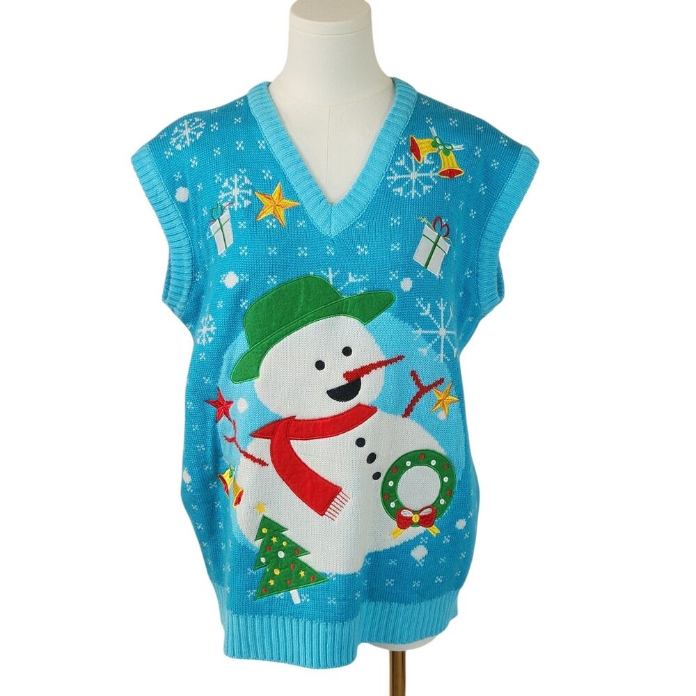 Ugly Christmas Sweater Vest XL Blue Star Snowman Holiday Party Knit V-Neck